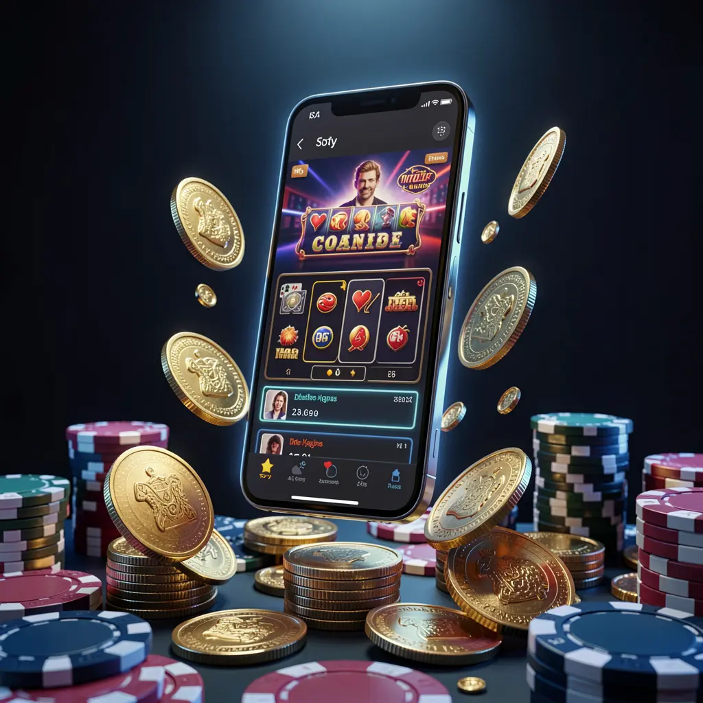 CKQQ online casino app promotion banner featuring a phone floating above golden coins and poker chips with a dark blue and black background illuminated by cinematic neon glow in a realistic 3D render