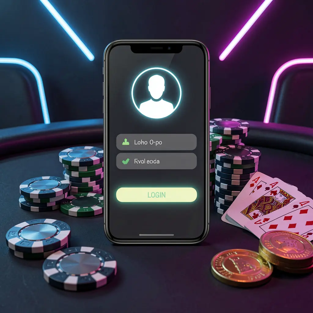 CKQQ casino app login scene on a smartphone with glowing user profile icon, surrounded by chips, cards, and coins against an elegant dark background with neon highlights