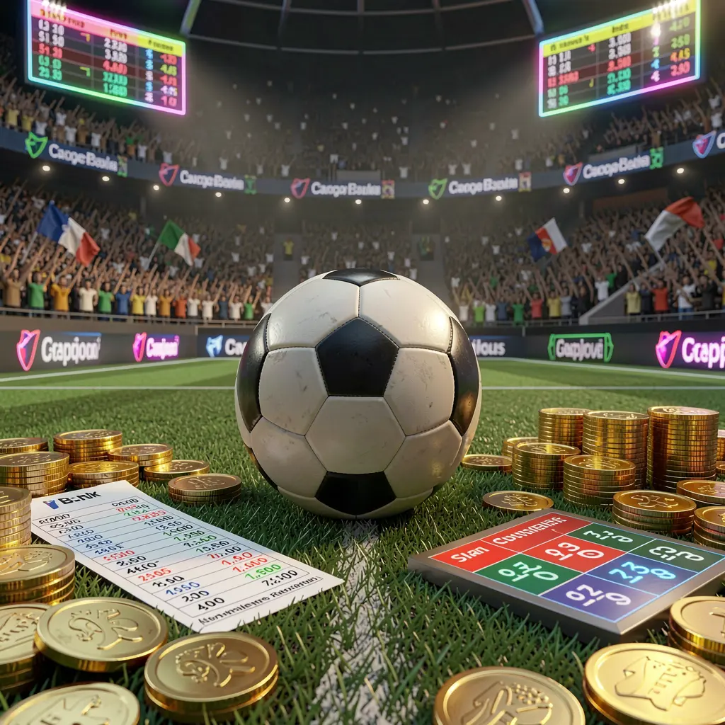 CKQQ premium sports betting scene featuring a realistic 3D football field with a stadium crowd, a soccer ball, golden coins, betting slip elements, and neon odds panels