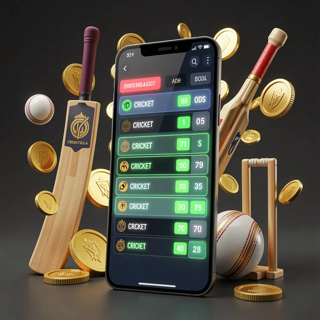CKQQ modern cricket betting visual featuring a smartphone displaying glowing cricket odds interface surrounded by a cricket bat, ball, wickets, and golden coins in a premium 3D illustration
