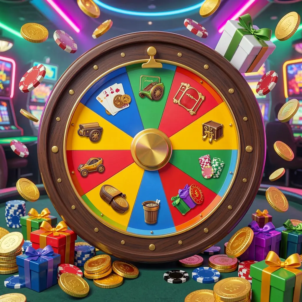 CKQQ casino bonus wheel with colorful prize sections surrounded by golden coins, chips, and gift boxes under bright neon casino lights in a dynamic composition