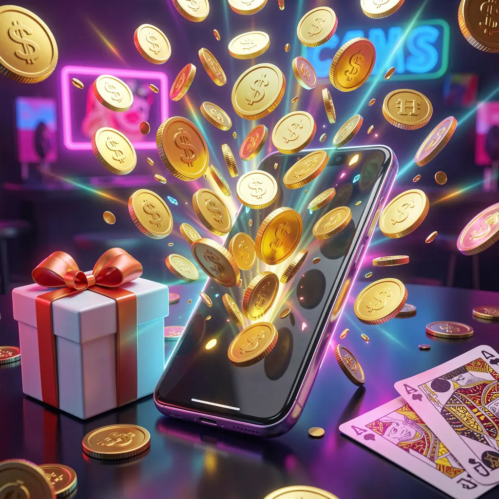 CKQQ mobile casino bonus banner showing a smartphone with coins bursting from the screen, a gift box and playing cards nearby, all illuminated by a bright neon glow in a premium realistic 3D render