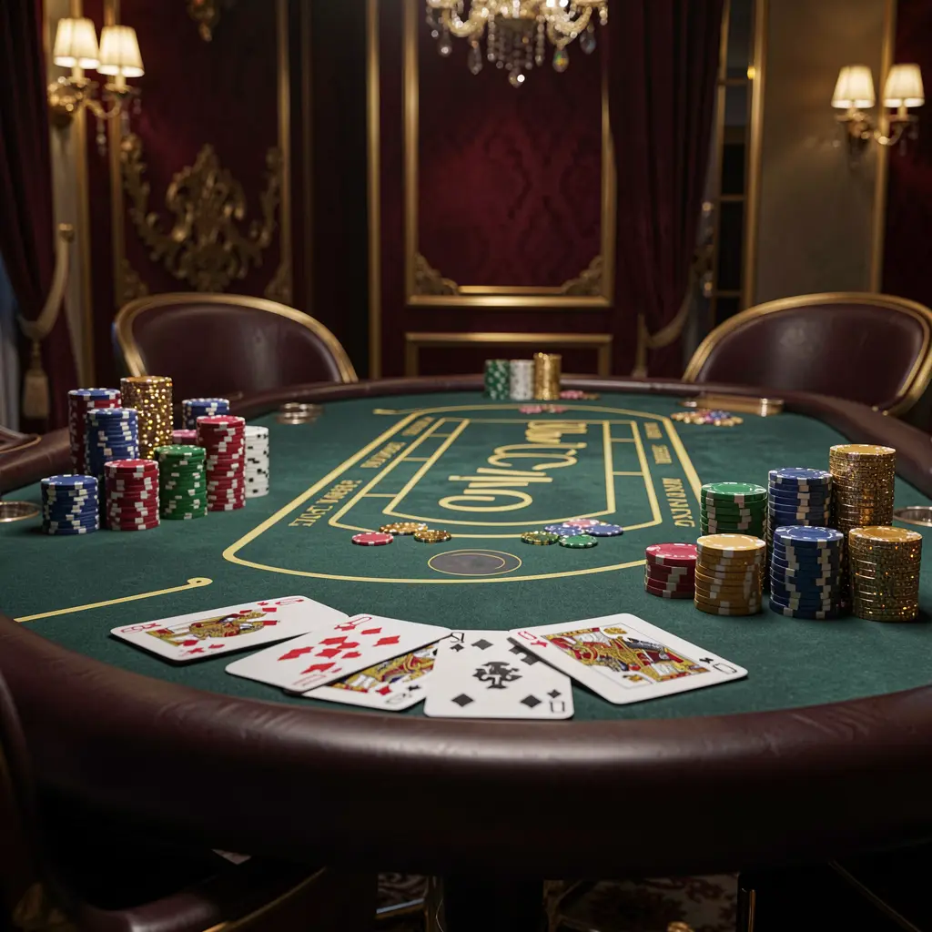 CKQQ luxury casino scene featuring a blackjack table with poker cards, stacks of chips, and sparkling coins against a dark red and gold background
