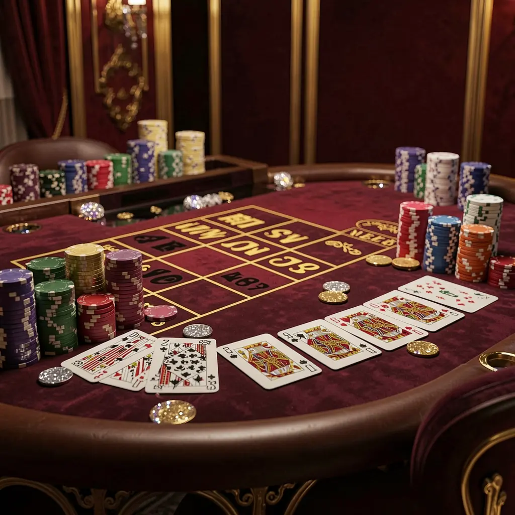 CKQQ luxury casino atmosphere featuring a blackjack table with poker cards, stacks of chips, and sparkling coins against a dark red and gold background in a cinematic realistic render