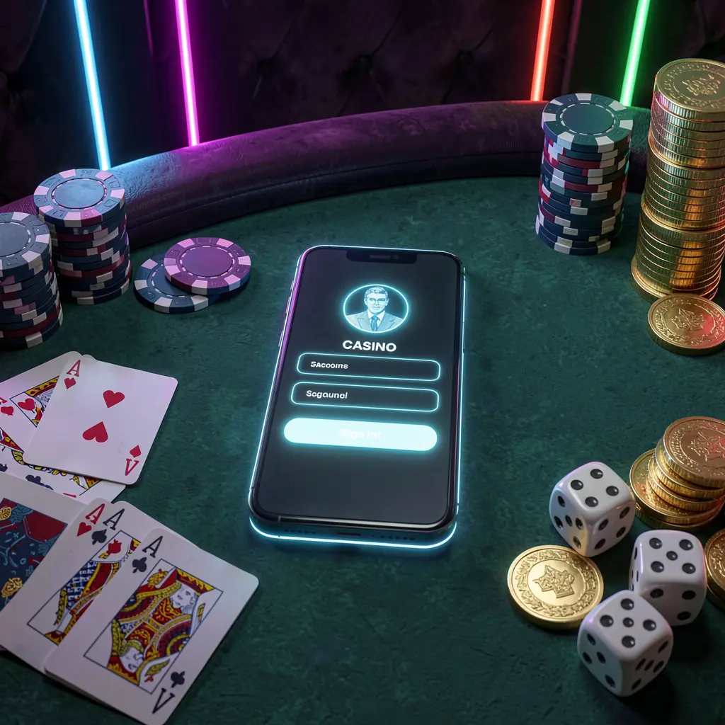 CKQQ casino account sign in scene with glowing smartphone on casino table surrounded by cards, chips, dice, and gold coins against an elegant dark background with neon highlights