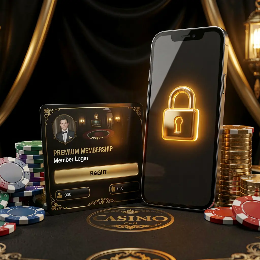 CKQQ casino member login concept featuring a premium membership card beside a smartphone with a glowing lock symbol, poker chips and coins on a black and gold luxury background in a realistic 3D illustration