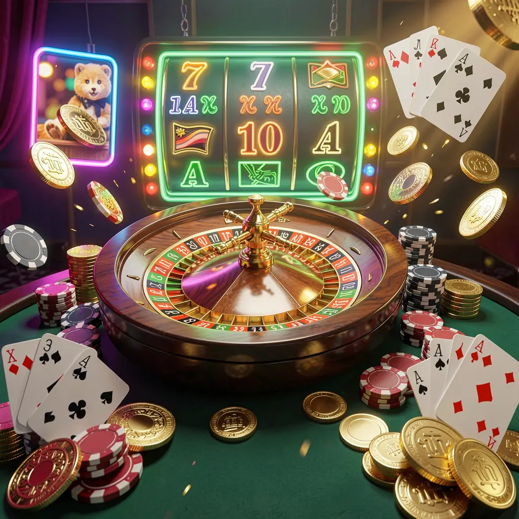 CKQQ casino homepage visual featuring a dynamic composition of jackpot lights, a roulette wheel, poker chips, playing cards, and golden coins with a bright neon glow in a realistic 3D render CKQQ casino homepage visual featuring a dynamic composition of jackpot lights, a roulette wheel, poker chips, playing cards, and golden coins with a bright neon glow in a realistic 3D render
